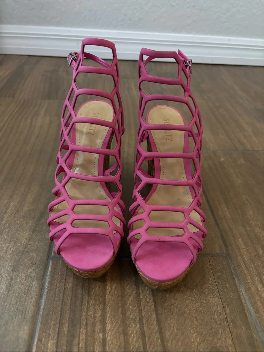 Schutz Marlyn Pink Espadrille Wedge Caged Open Toe Heeled Sandals